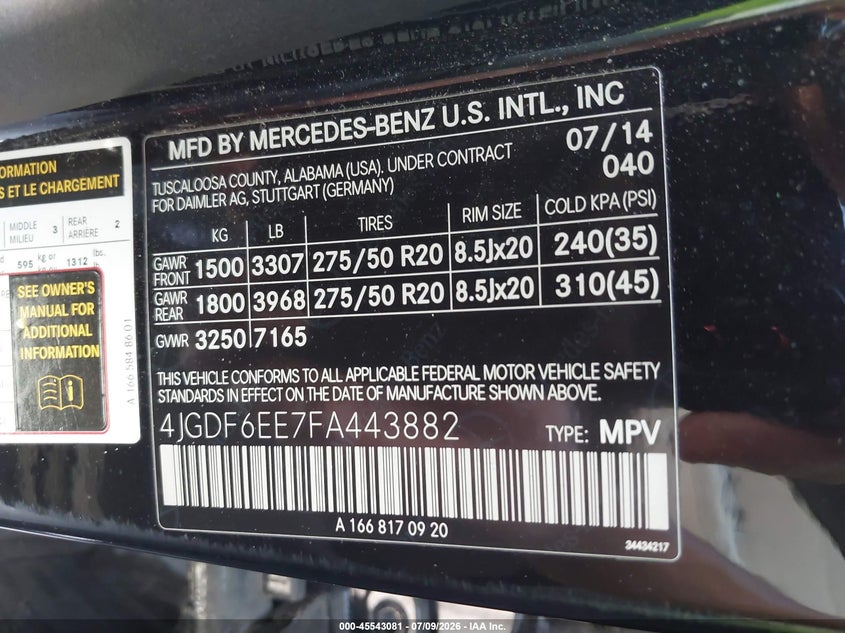 2015 Mercedes-Benz Gl 450 4Matic VIN: 4JGDF6EE7FA443882 Lot: 45543081