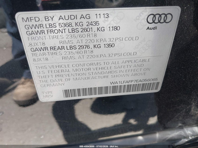AUDI Q5 2014 VIN WA1LFAFP7EA056065