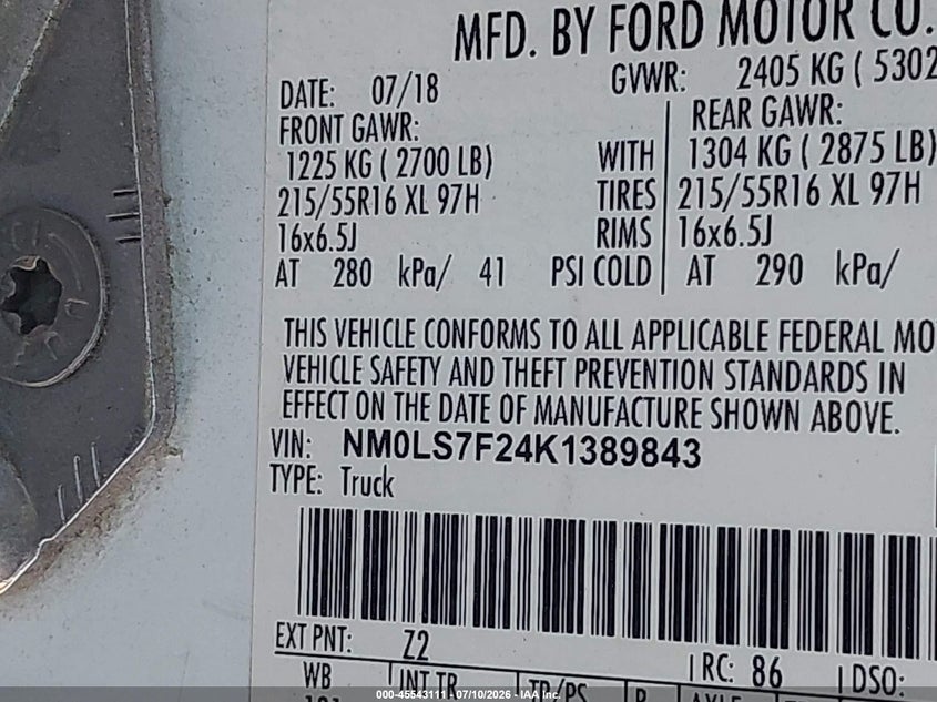 2019 Ford Transit Connect Xlt VIN: NM0LS7F24K1389843 Lot: 45543111