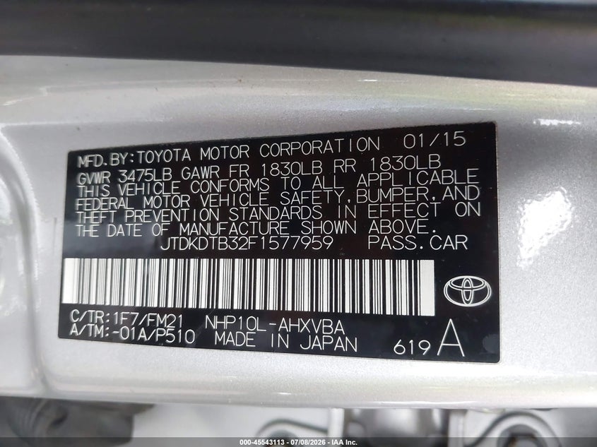 2015 Toyota Prius C Four/One/Three/Two VIN: JTDKDTB32F1577959 Lot: 45543113
