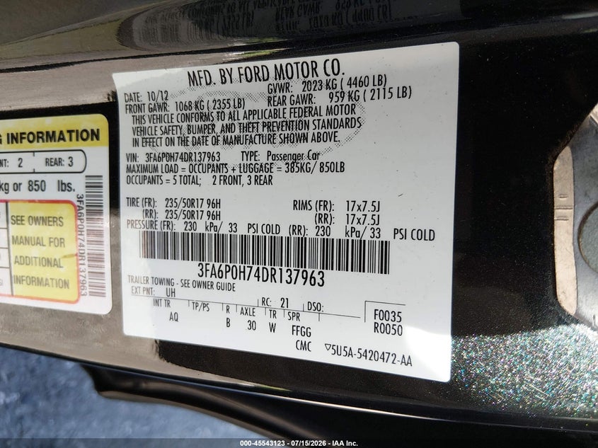 2013 FORD FUSION SEDAN 2.5L I-4 DOHC, VVT, 175HP