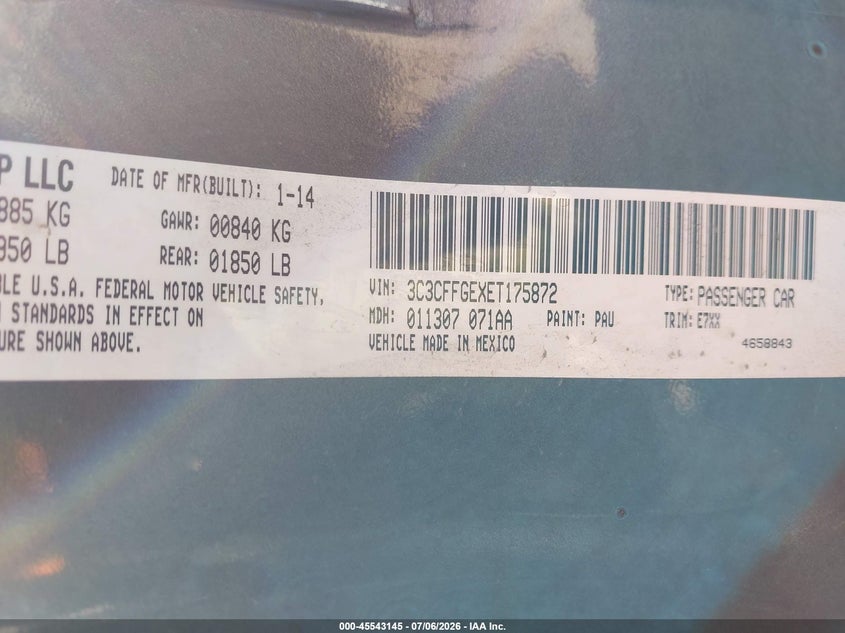 2014 Fiat 500E Battery Electric VIN: 3C3CFFGEXET175872 Lot: 45543145