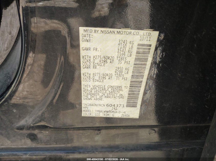 2012 Nissan Armada Platinum VIN: 5N1BA0NFXCN604371 Lot: 45543150