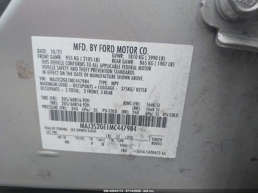 2021 Ford Ecosport Se VIN: MAJ3S2GE1MC447984 Lot: 45543174