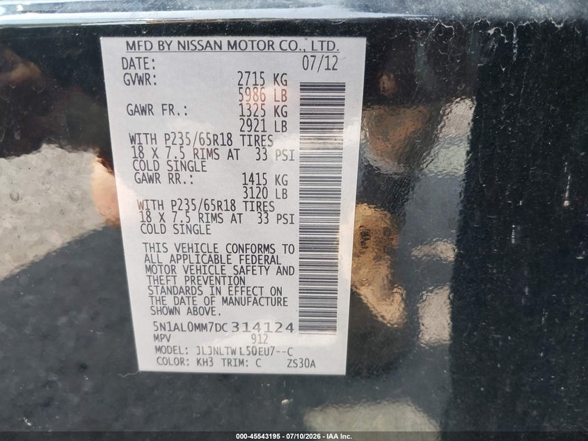 2013 Infiniti Jx35 VIN: 5N1AL0MM7DC314124 Lot: 45543195