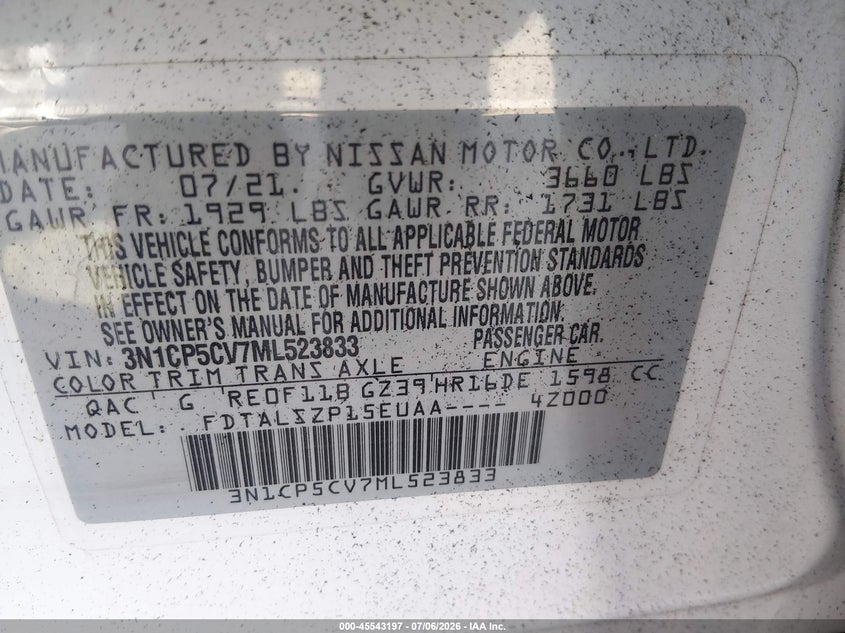2021 Nissan Kicks Sv Xtronic Cvt VIN: 3N1CP5CV7ML523833 Lot: 45543197