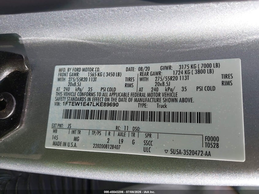 FORD F-150 2020 VIN 1FTEW1E47LKE89690