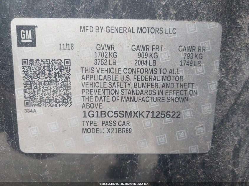 2019 Chevrolet Cruze Ls VIN: 1G1BC5SMXK7125622 Lot: 45543215