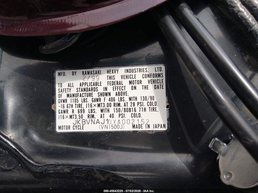 1999 Kawasaki Vn1500 J VIN: JKBVNAJ10XA002152 Lot: 45543220