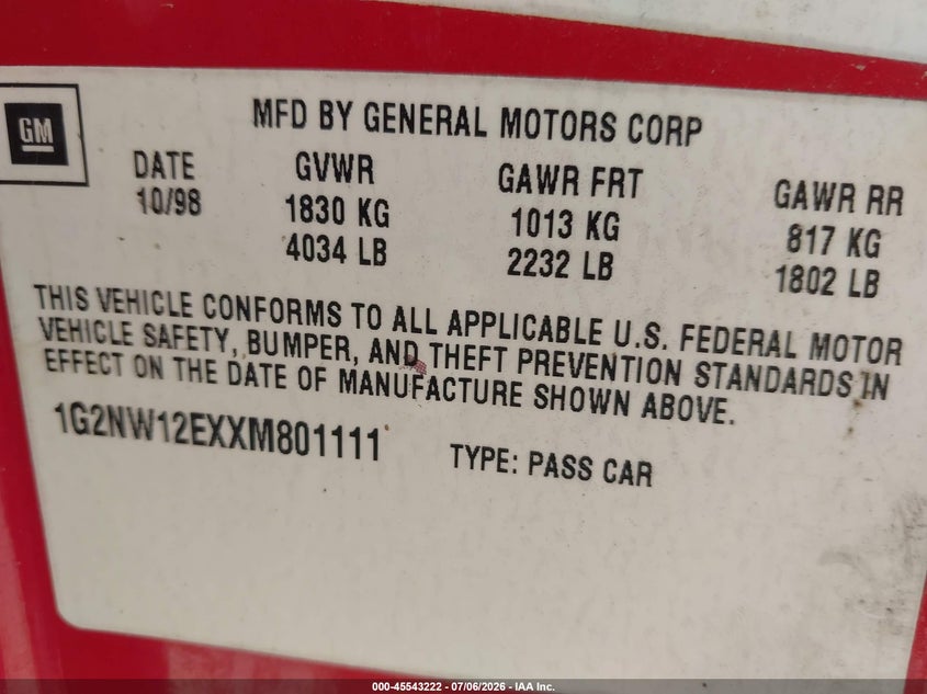 1999 Pontiac Grand Am Gt1 VIN: 1G2NW12EXXM801111 Lot: 45543222
