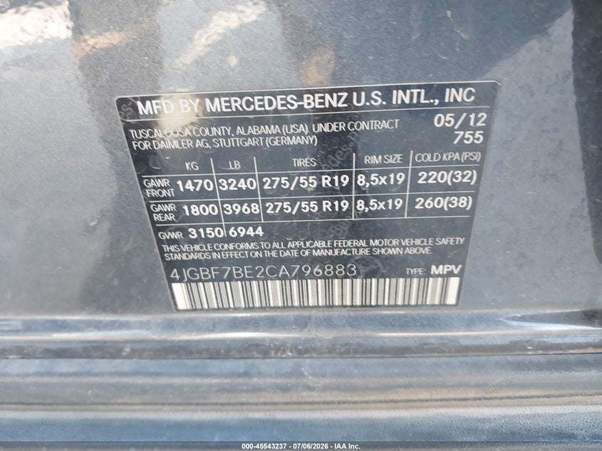 2012 Mercedes-Benz Gl 450 4Matic VIN: 4JGBF7BE2CA796883 Lot: 45543237