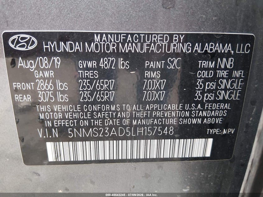 2020 Hyundai Santa Fe Se VIN: 5NMS23AD5LH157548 Lot: 45543245