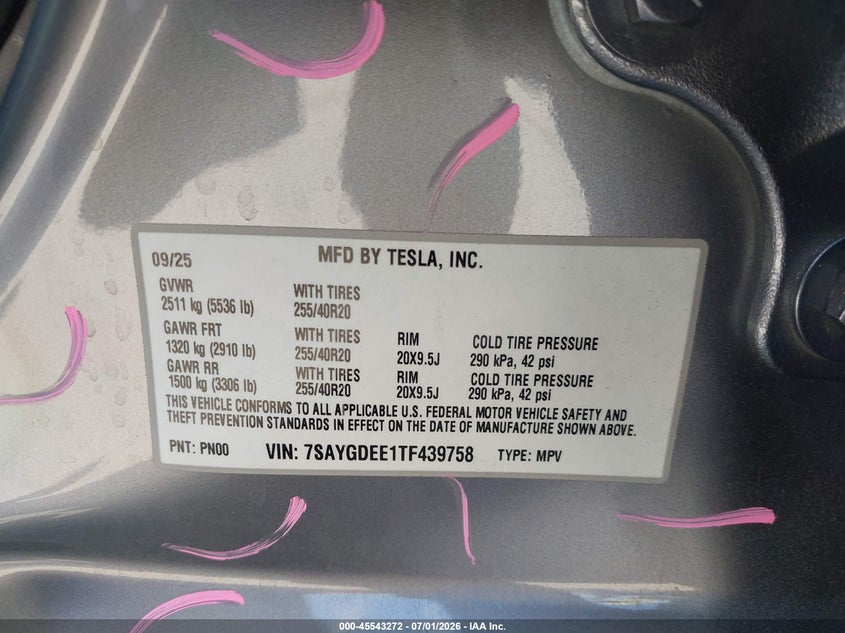 2026 Tesla Model Y All-Wheel Drive/Long Range Launch Series/Premium All-Wheel Drive VIN: 7SAYGDEE1TF439758 Lot: 45543272