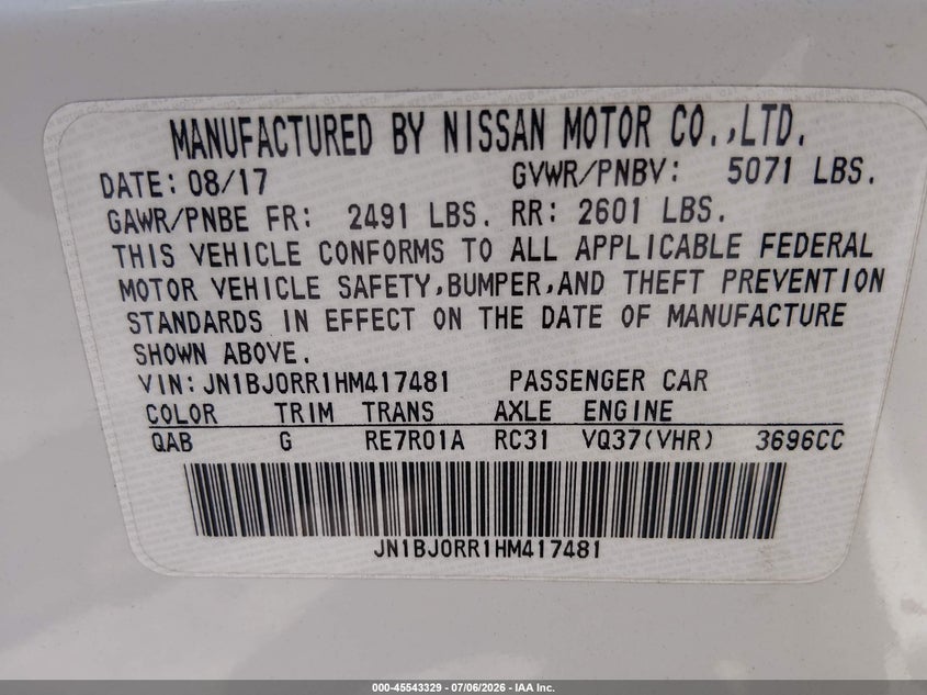 2017 Infiniti Qx50 VIN: JN1BJ0RR1HM417481 Lot: 45543329