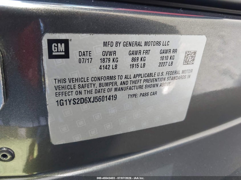 2018 Chevrolet Corvette Z06 VIN: 1G1YS2D6XJ5601419 Lot: 45543403