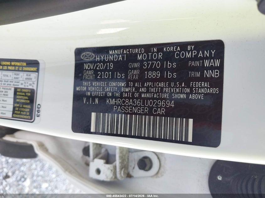 2020 Hyundai Venue Sel VIN: KMHRC8A36LU029694 Lot: 45543422