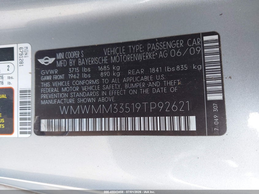 2009 Mini Cooper S Clubman VIN: WMWMM33519TP92621 Lot: 45543458