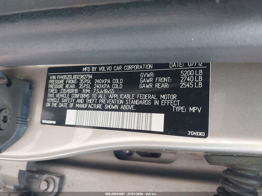 2013 Volvo Xc60 3.2/3.2 Platinum/3.2 Premier/3.2 Premier Plus VIN: YV4952DL8D2382794 Lot: 45543497
