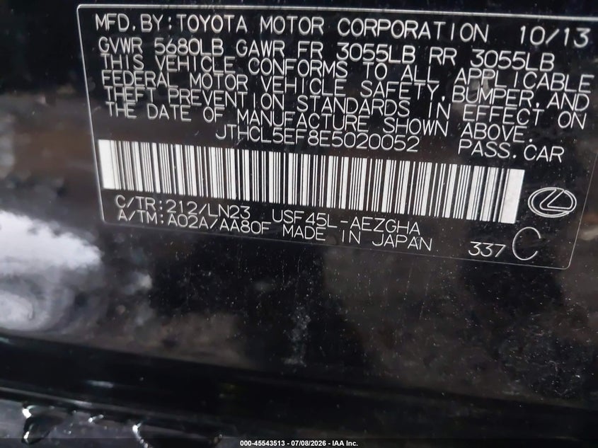 2014 Lexus Ls 460 VIN: JTHCL5EF8E5020052 Lot: 45543513
