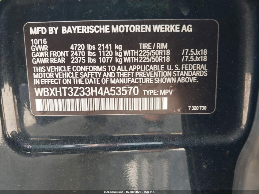 2017 BMW X1 xDrive28I VIN: WBXHT3Z33H4A53570 Lot: 45543541