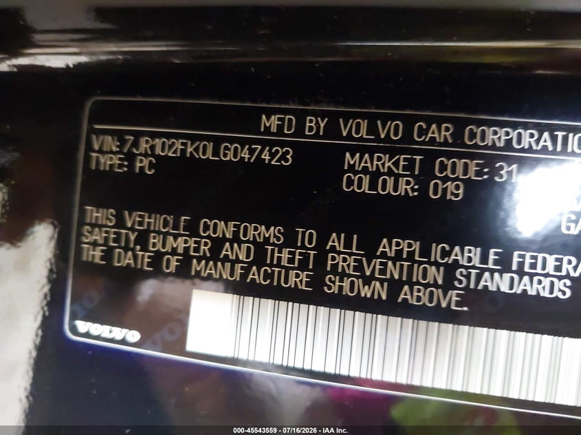 2020 Volvo S60 T5 Momentum VIN: 7JR102FK0LG047423 Lot: 45543559