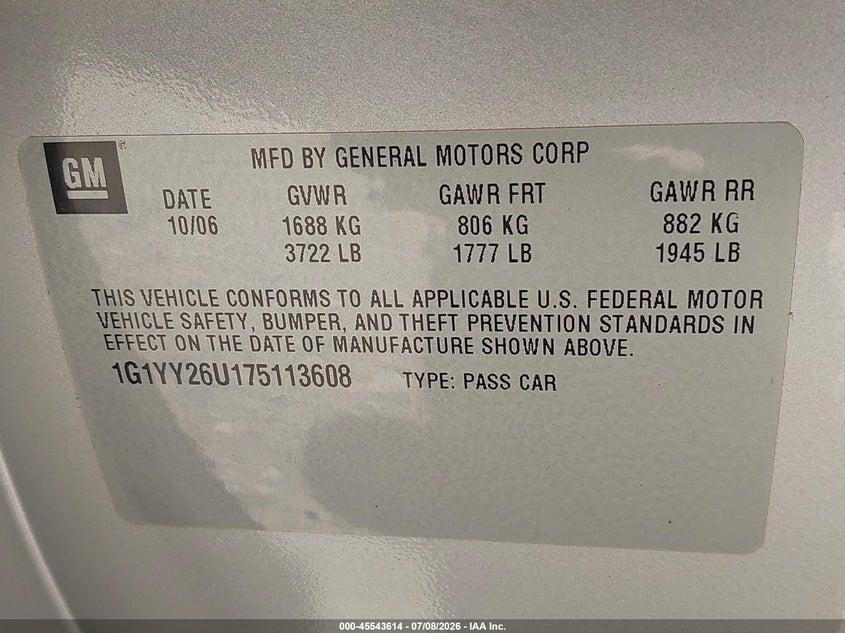 2007 Chevrolet Corvette VIN: 1G1YY26U175113608 Lot: 45543614