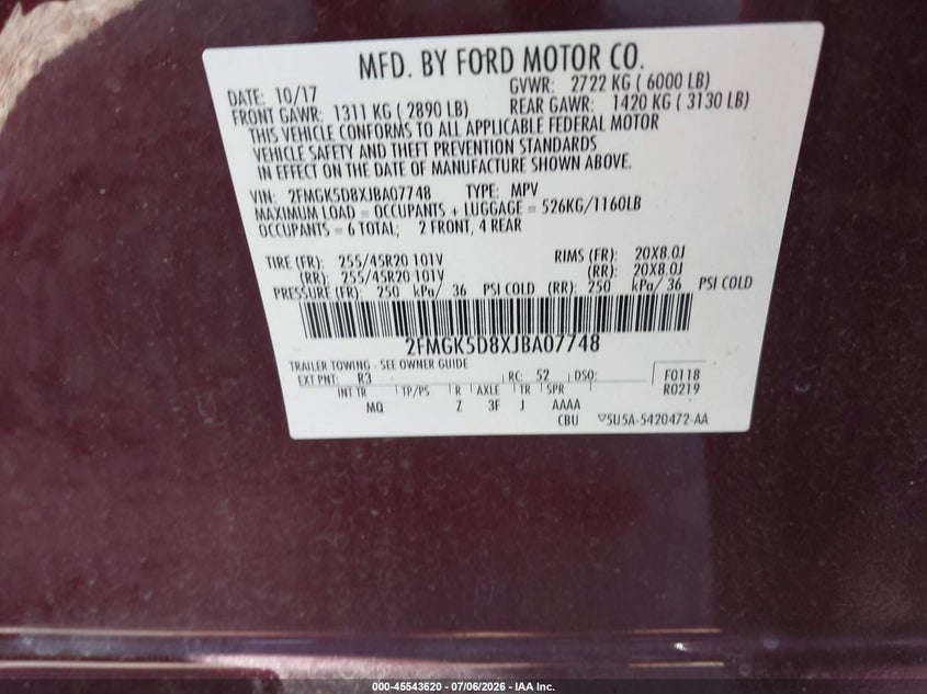 2018 Ford Flex Limited VIN: 2FMGK5D8XJBA07748 Lot: 45543620