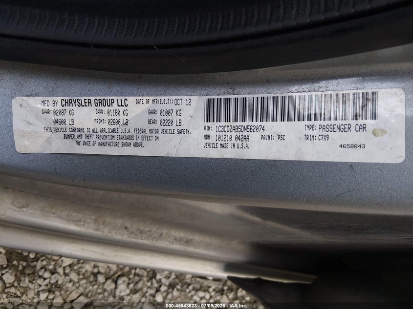 2013 Dodge Avenger Se VIN: 1C3CDZAB5DN562074 Lot: 45543623