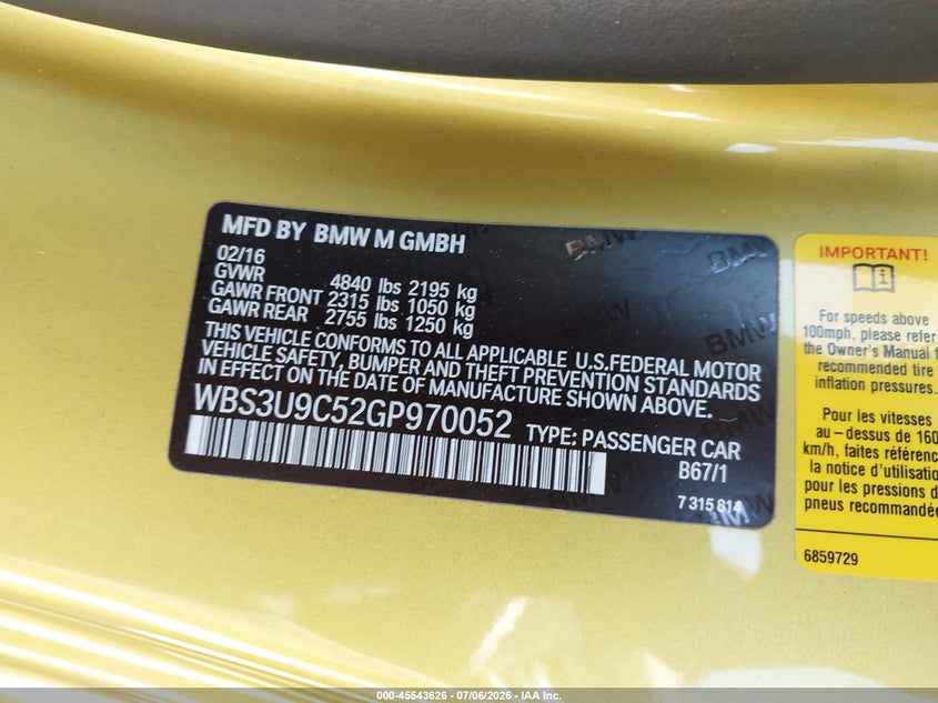 2016 BMW M4 VIN: WBS3U9C52GP970052 Lot: 45543626