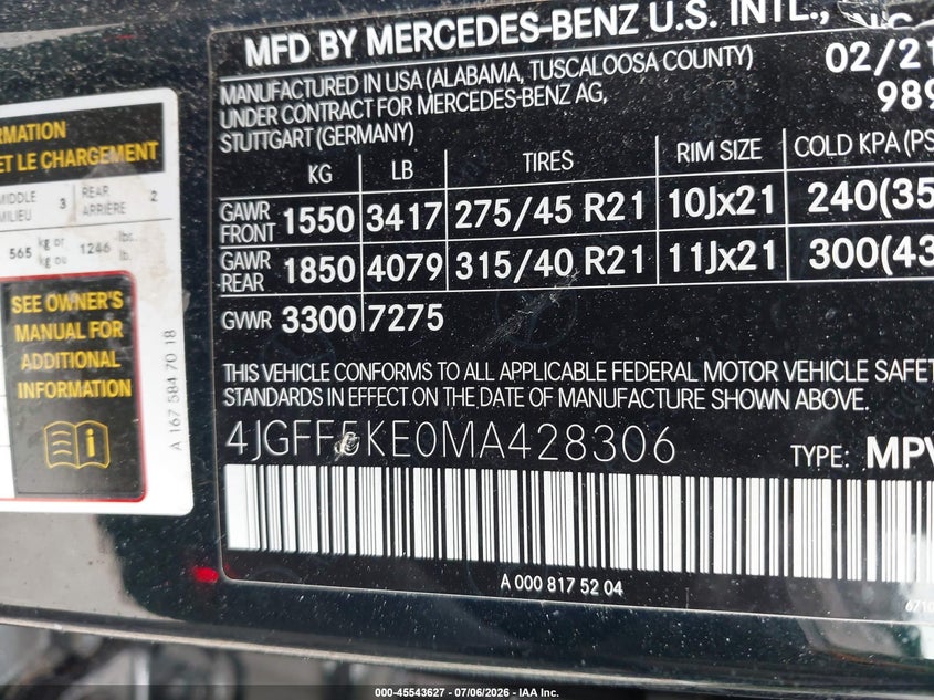 2021 Mercedes-Benz Gls 450 4Matic VIN: 4JGFF5KE0MA428306 Lot: 45543627