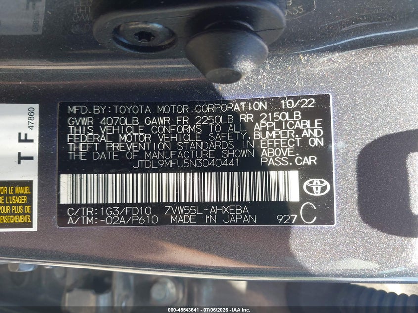 2022 Toyota Prius Le Awd-E VIN: JTDL9MFU5N3040441 Lot: 45543641