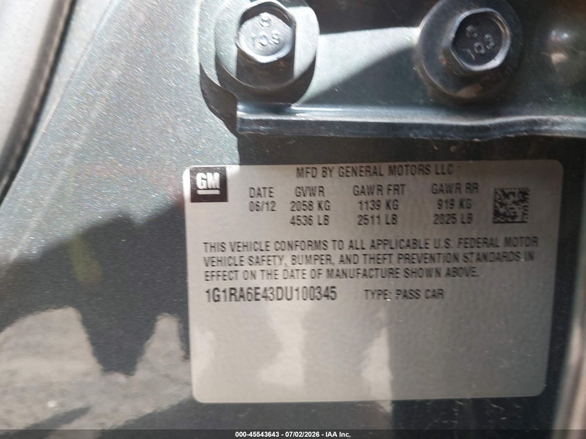 2013 Chevrolet Volt VIN: 1G1RA6E43DU100345 Lot: 45543643
