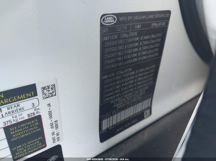 2018 Land Rover Range Rover Sport Hse Dynamic VIN: SALWV2SV9JA193818 Lot: 45543649