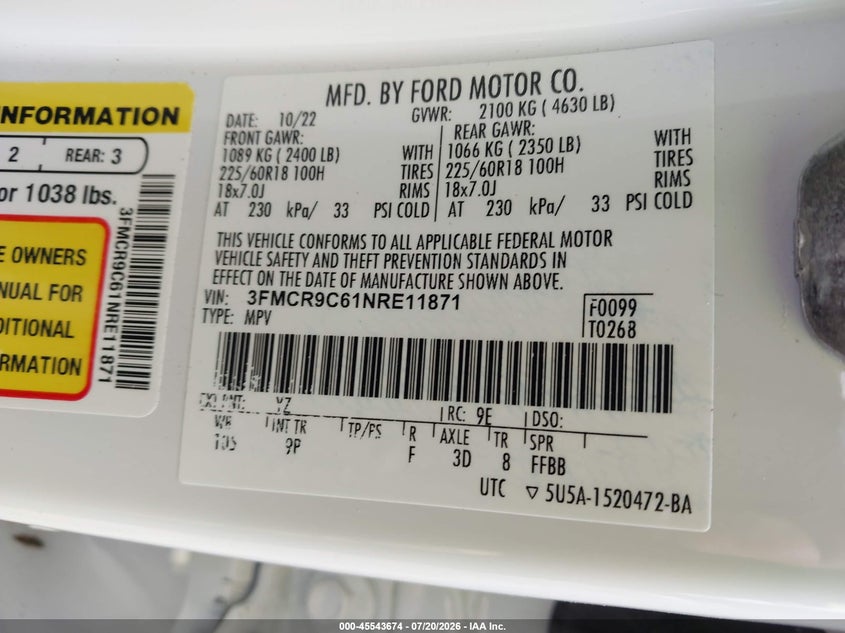 FORD BRONCO SPORT 2022 VIN 3FMCR9C61NRE11871