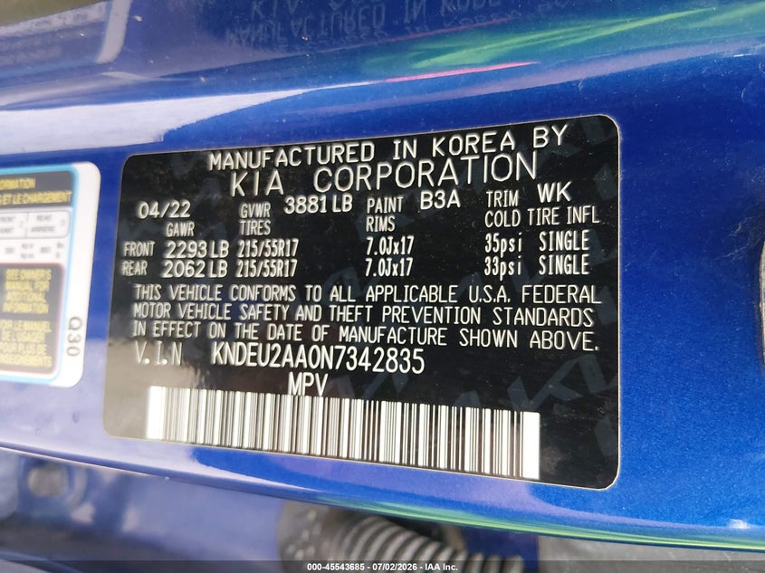 2022 Kia Seltos S VIN: KNDEU2AA0N7342835 Lot: 45543685