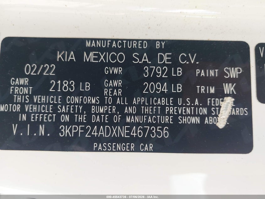2022 KIA FORTE SEDAN 2.0L I-4 DOHC, VVT, 147HP