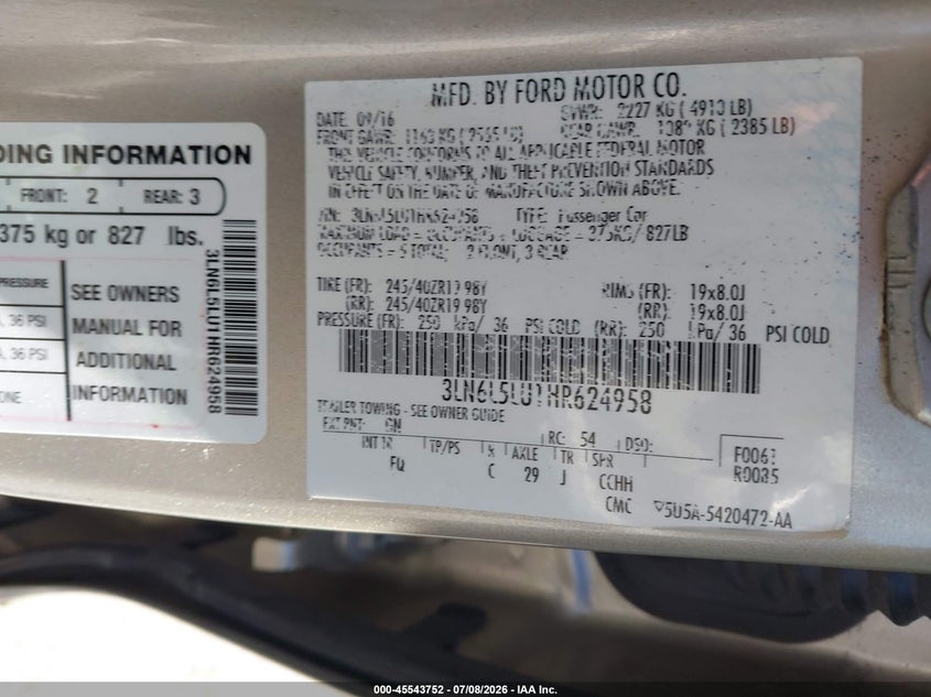2017 Lincoln Mkz Hybrid Select VIN: 3LN6L5LU1HR624958 Lot: 45543752