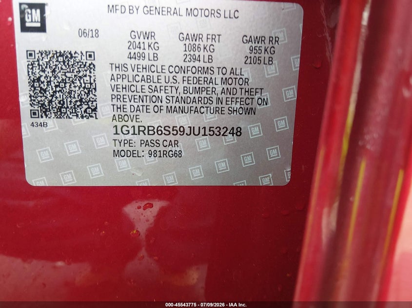 2018 Chevrolet Volt Premier VIN: 1G1RB6S59JU153248 Lot: 45543775