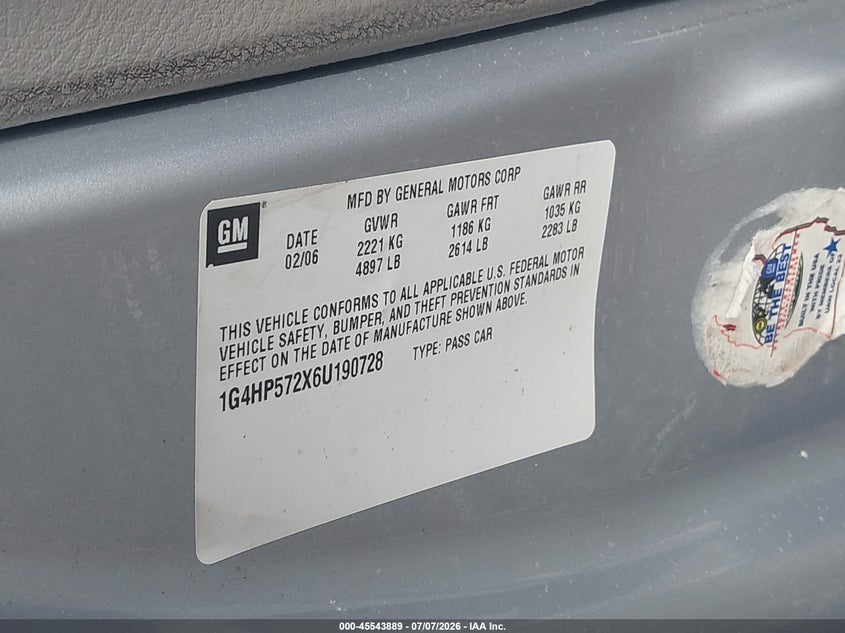 2006 Buick Lucerne Cx VIN: 1G4HP572X6U190728 Lot: 45543889
