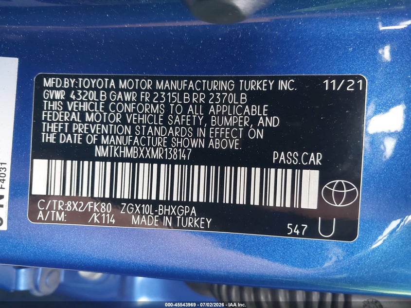 2021 Toyota C-Hr Xle VIN: NMTKHMBXXMR138147 Lot: 45543969