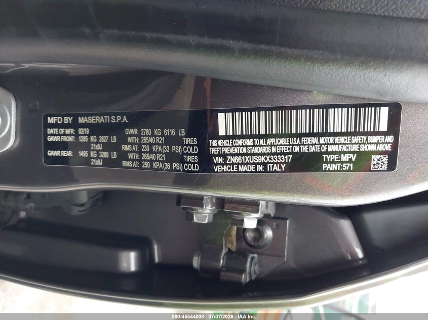 2019 Maserati Levante Gransport VIN: ZN661XUS9KX333317 Lot: 45544008