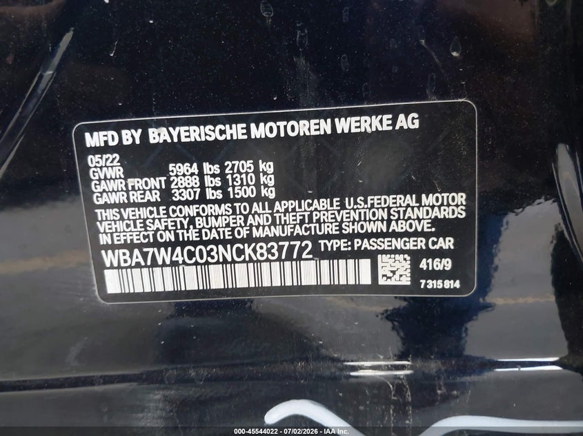2022 BMW 745E xDrive VIN: WBA7W4C03NCK83772 Lot: 45544022