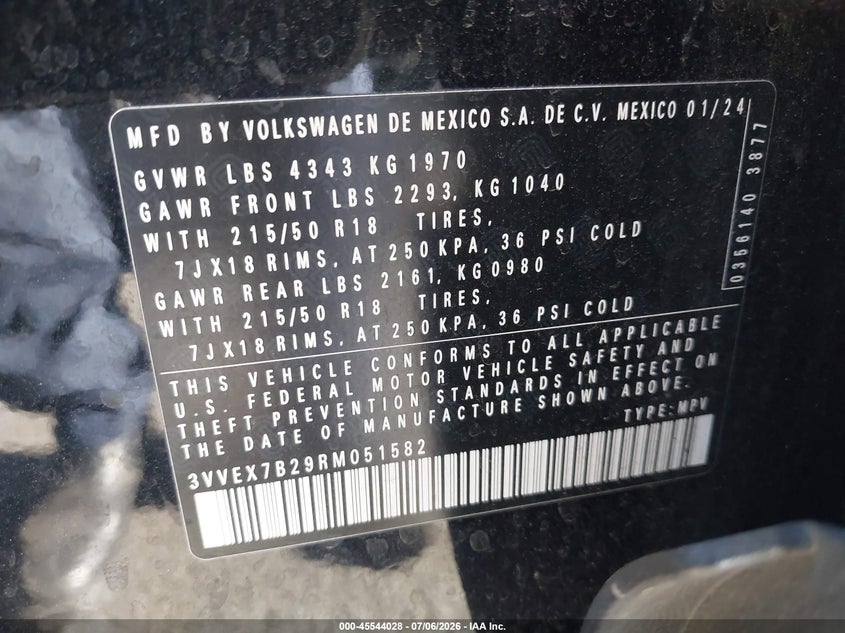 2024 Volkswagen Taos 1.5T Se VIN: 3VVEX7B29RM051582 Lot: 45544028