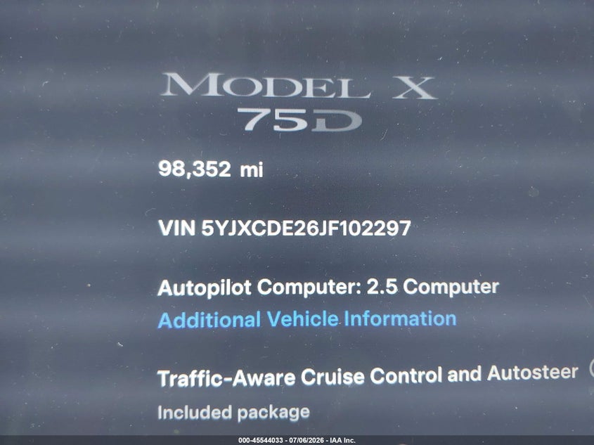 2018 Tesla Model X 100D/75D/P100D VIN: 5YJXCDE26JF102297 Lot: 45544033