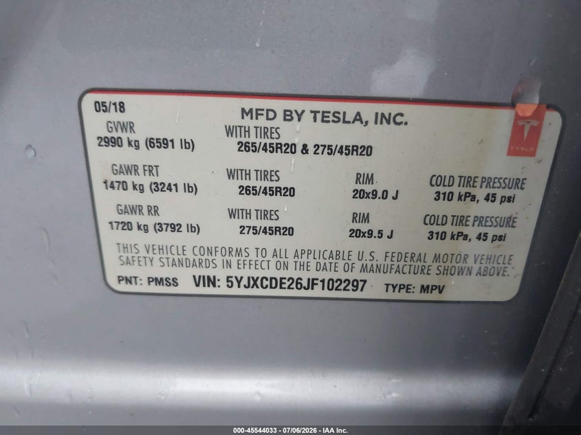 2018 Tesla Model X 100D/75D/P100D VIN: 5YJXCDE26JF102297 Lot: 45544033