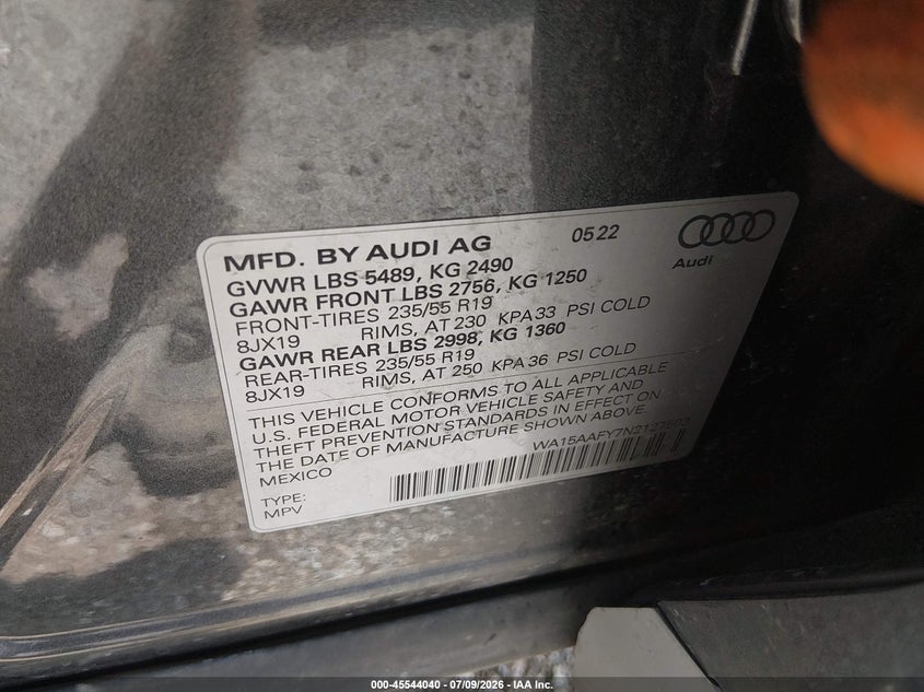 2022 Audi Q5 Sportback Premium Plus 45 Tfsi S Line Quattro S Tronic VIN: WA15AAFY7N2127503 Lot: 45544040
