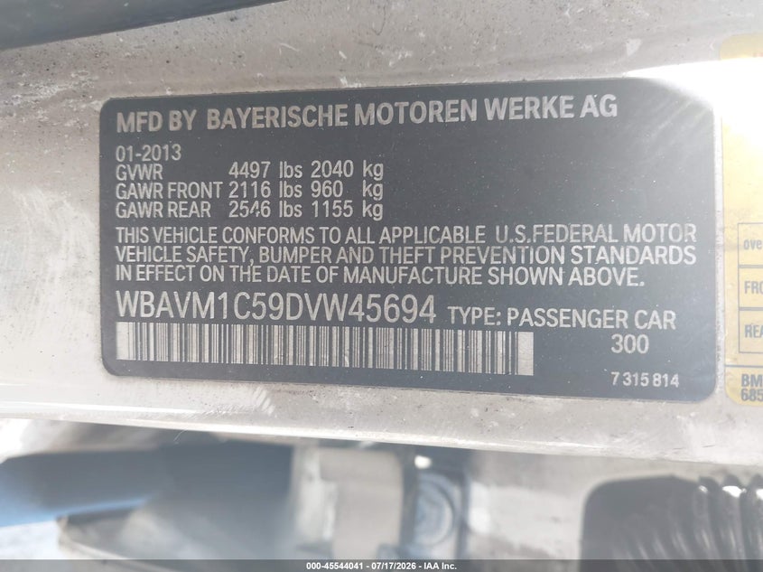 2013 BMW X1 Sdrive28I VIN: WBAVM1C59DVW45694 Lot: 45544041