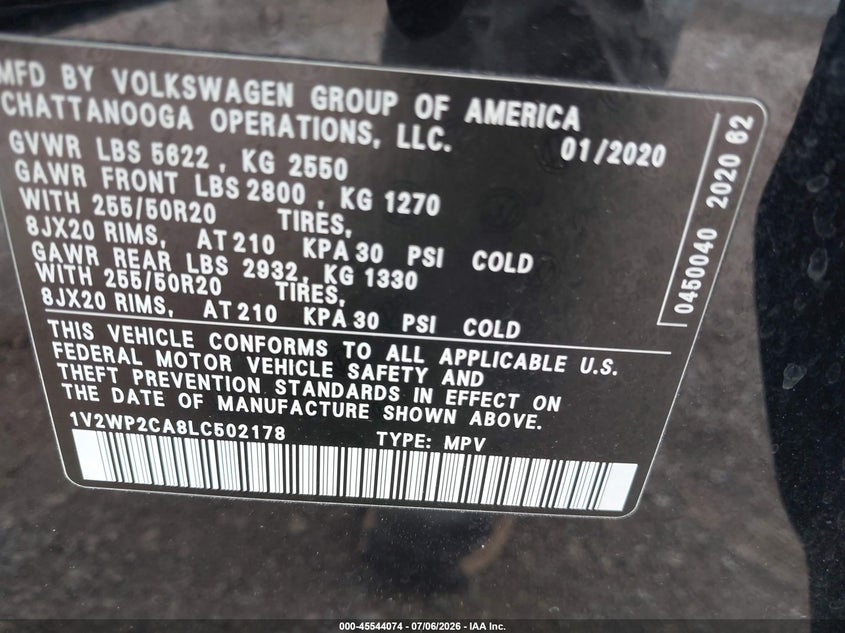 2020 Volkswagen Atlas 2.0T Se W/Technology VIN: 1V2WP2CA8LC502178 Lot: 45544074
