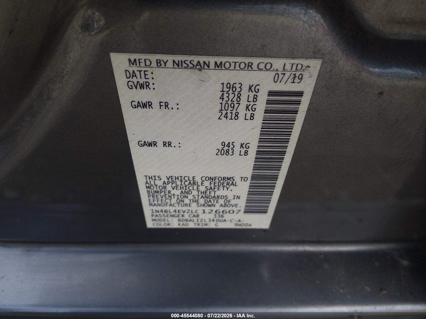 2020 NISSAN ALTIMA SEDAN 2.5L I-4 DI, DOHC, VVT, 188HP