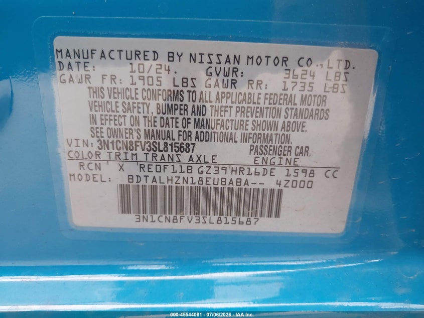 2025 Nissan Versa 1.6 Sr VIN: 3N1CN8FV3SL815687 Lot: 45544081